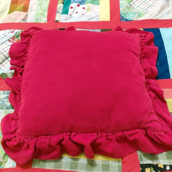 Vintage Patchwork Ruffle Pillow Bright Red Groovy Prints Flowers Stars Check BOH - Picture 11 of 12